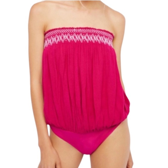 FREE PEOPLE Intimately Embroidered Strapless Tube On Bodysuit Top, Pink, Small - Picture 2 of 5